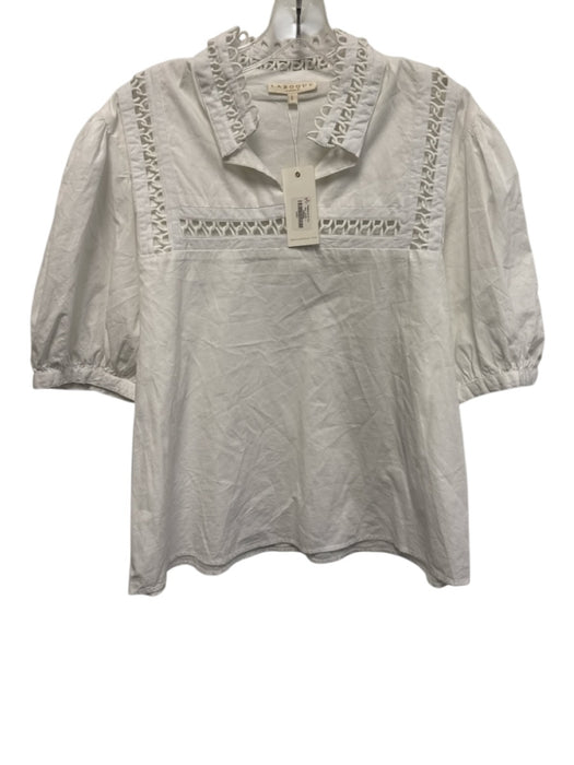 LaRoque Size Large White Cotton Short Puff Sleeve Lace Detail Top White / Large