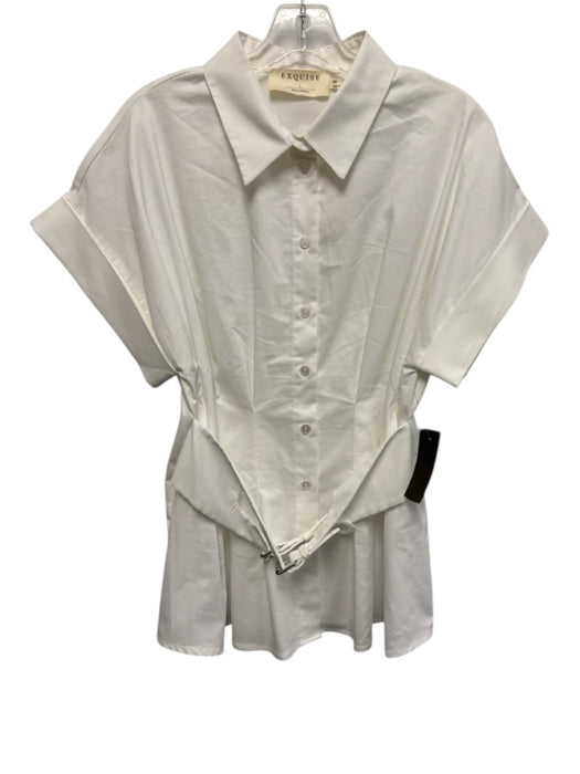Exquise Size Large White Polyester Blend Short Sleeve Button Front Collar Top White / Large