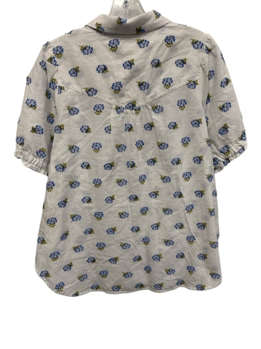 Pilcro Size Medium Blue, Green, White Cotton Blend Short Puff Sleeve Floral Top Blue, Green, White / Medium