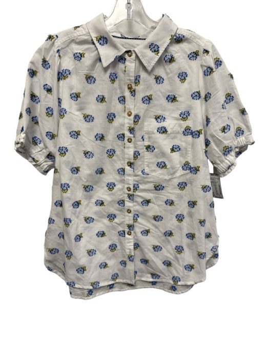 Pilcro Size Medium Blue, Green, White Cotton Blend Short Puff Sleeve Floral Top Blue, Green, White / Medium