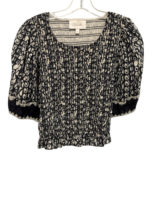 Cleobella Size Medium Black & White Cotton Short Puff Sleeve Abstract Print Top Black & White / Medium