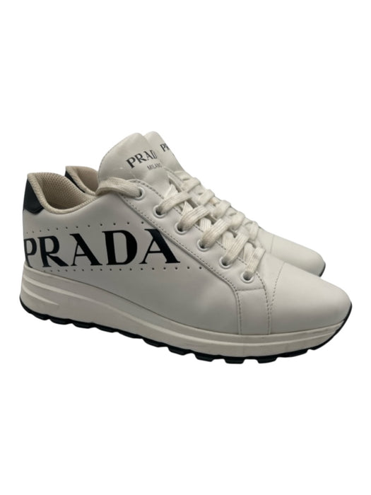 Prada Shoe Size 40 White & Black Leather Upper Perforated Detail Sneakers White & Black / 40