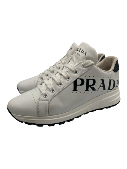 Prada Shoe Size 40 White & Black Leather Upper Perforated Detail Sneakers White & Black / 40