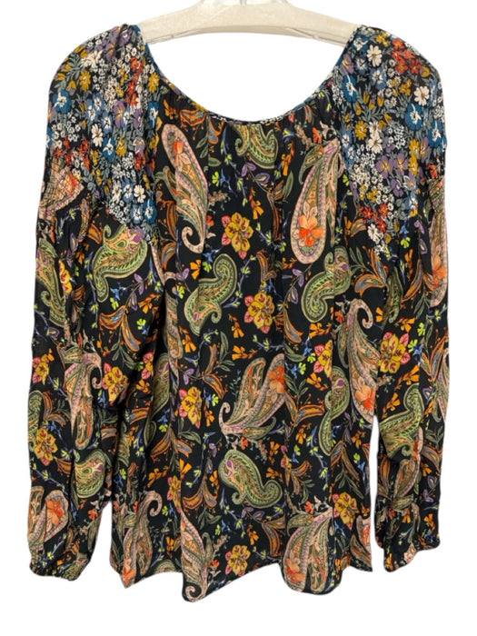 Johnny Was Size M/L Black & Multi Viscose Long Sleeve Floral Sheer Sleeve Top Black & Multi / M/L