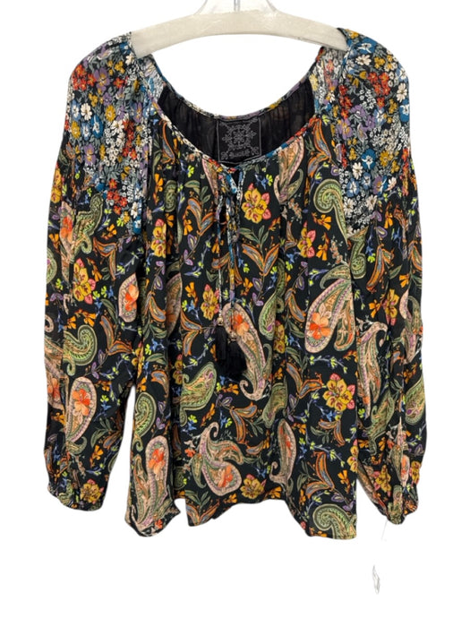 Johnny Was Size M/L Black & Multi Viscose Long Sleeve Floral Sheer Sleeve Top Black & Multi / M/L