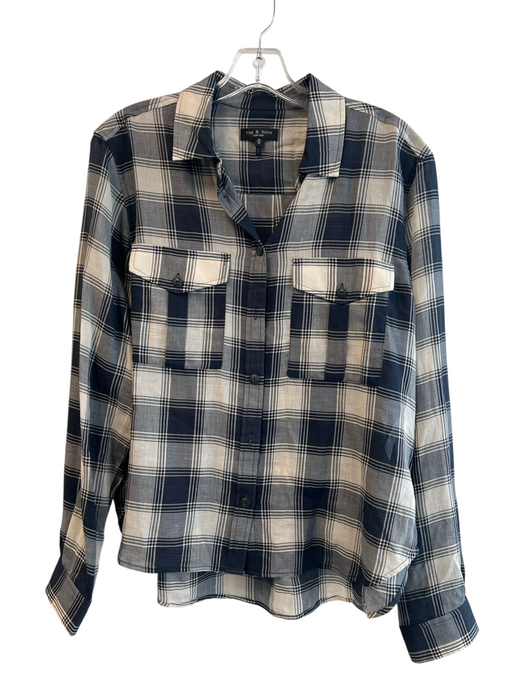 Rag & Bone Size Medium Navy & Cream Cotton Plaid Long Sleeve Button Down Top Navy & Cream / Medium