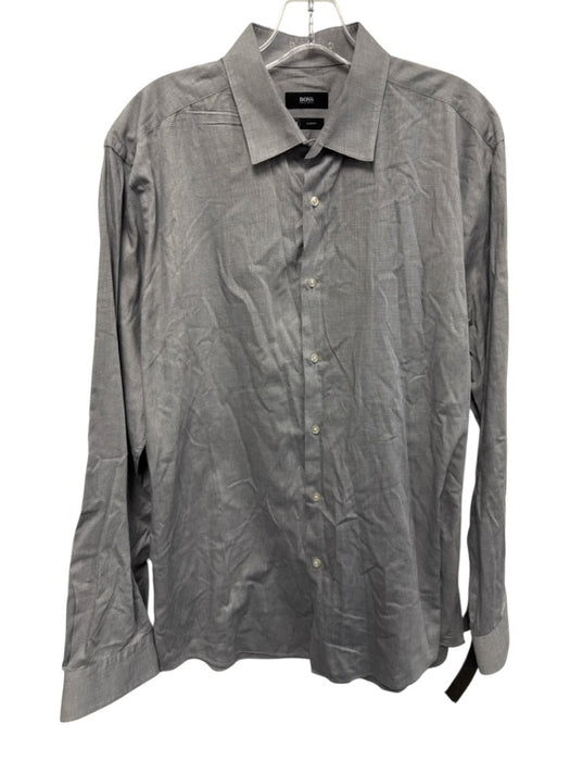 Boss Size 17 Gray Cotton Blend Solid Button Up Spread Collar Long Sleeve Shirt Gray / 17
