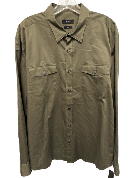Boss Size XXL Olive Green Cotton Blend Solid Button Up Men's Long Sleeve Shirt Olive Green / XXL