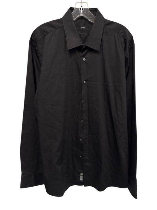 Boss Size 17 Black Cotton Blend Solid Button Up Spread Collar Long Sleeve Shirt Black / 17