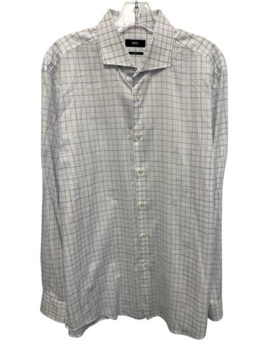 Boss Size 17 White & Blue Cotton Blend Grid Button Up Men's Long Sleeve Shirt White & Blue / 17