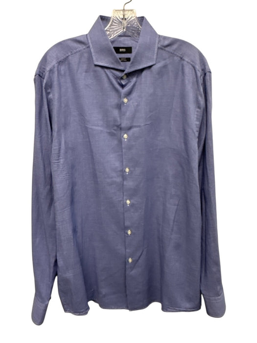 Boss Size 17 Blue & White Cotton Micro Button Up Spread Collar Long Sleeve Shirt Blue & White / 17