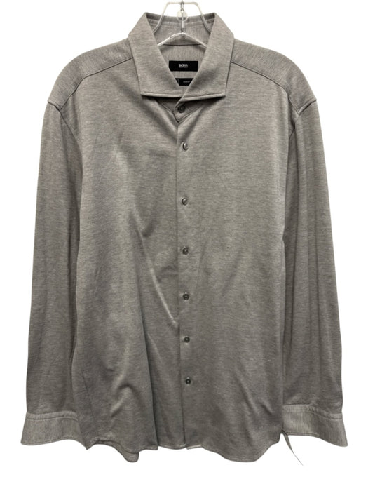 Boss Size 17.5 Gray Cotton Blend Solid Button Up Spread Collar Long Sleeve Shirt Gray / 17.5