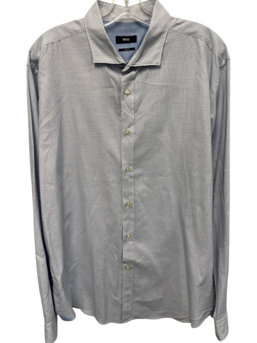 Boss Size XXL White & Blue Cotton Blend Micro Button Up Men's Long Sleeve Shirt White & Blue / XXL