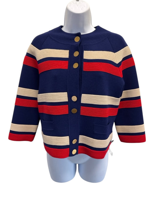 Gucci Size S Indigo Blue, Beige & Red Wool Knit Striped Button Front Jacket Indigo Blue, Beige & Red / S