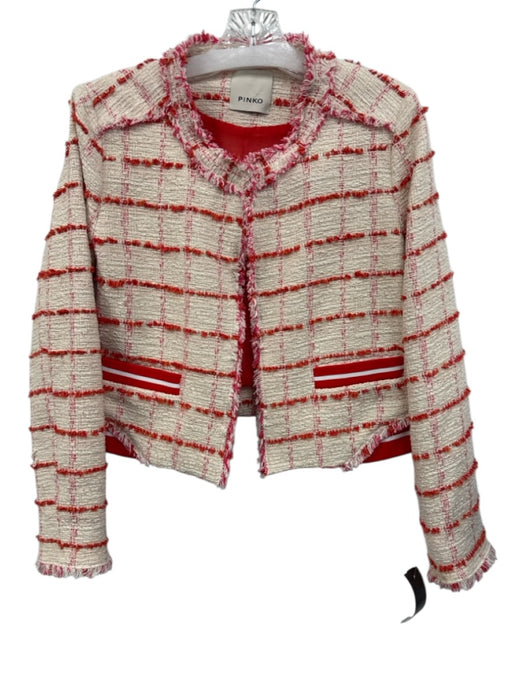 Pinko Size 4 Cream, Red & Pink Cotton Blend Tweed Checked Cropped Jacket Cream, Red & Pink / 4