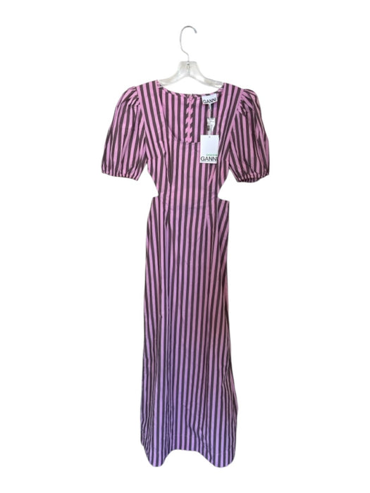 Ganni Size 32 Pink & Brown Cotton Stripes Side Cut Outs Back Zip Maxi Dress Pink & Brown / 32