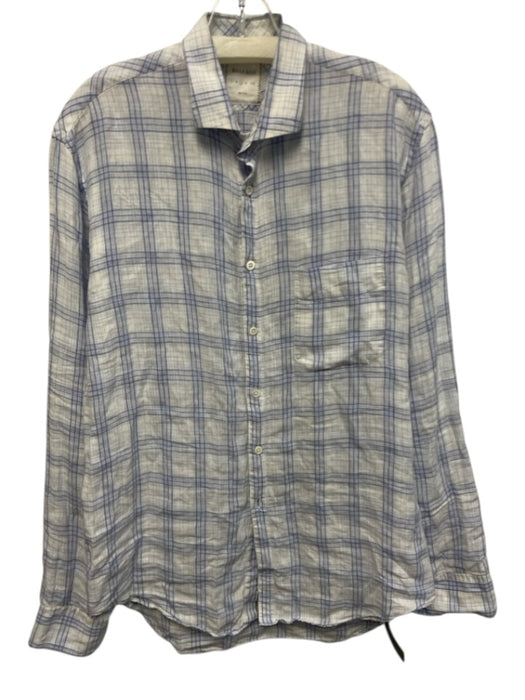 Billy Reid Size L White & Blue Linen Blend Plaid Button Up Long Sleeve Shirt White & Blue / L