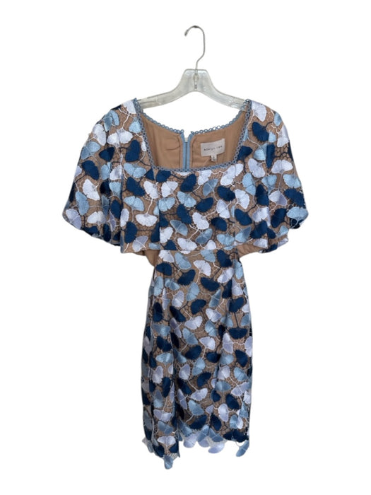 Adelyn Rae Size XL Blue White & Tan Polyester Embroidered Floral Dress Blue White & Tan / XL