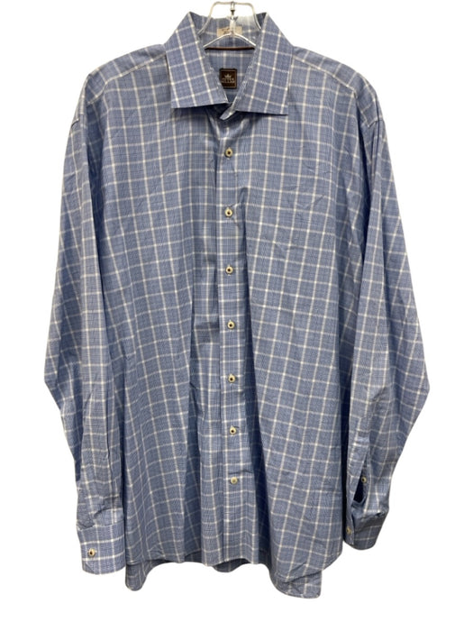 Peter Millar Size 17 Blue & White Cotton Plaid Button Up Men's Long Sleeve Shirt Blue & White / 17