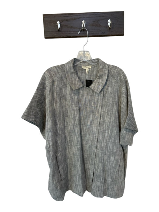 Eileen Fisher Size L Grey Cotton Blend Burlap Snap Closure Collar Top Grey / L