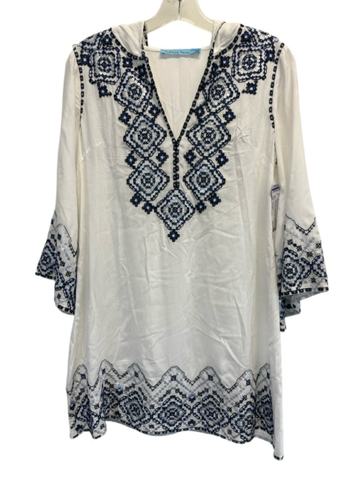 Solitaire Swim Size Small White, Blue, Gray Rayon Long Sleeve Cross Stitch Dress White, Blue, Gray / Small