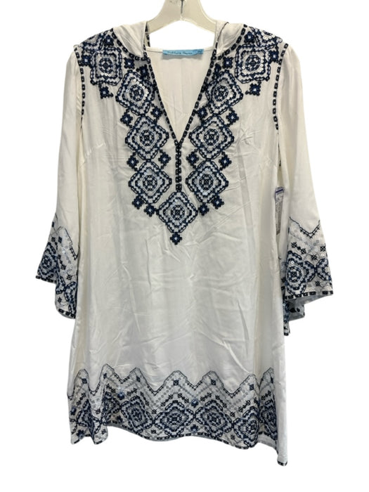 Solitaire Swim Size Small White, Blue, Gray Rayon Long Sleeve Cross Stitch Dress White, Blue, Gray / Small