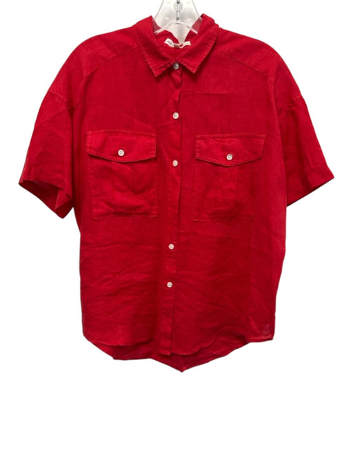 Alex Mill Size Small Red Linen Short Sleeve Button Front Patch Pocket Collar Top Red / Small