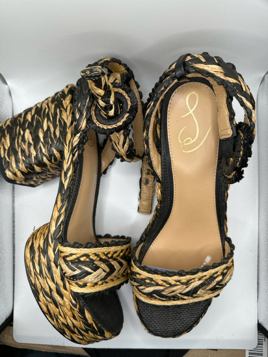 Sam Edelman Shoe Size 9 Tan & black Raffia Platform Block Heel Sandals