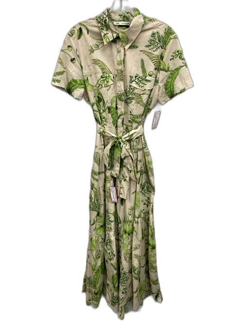 Zara Size M Cream & Green Cotton Botanical Short Sleeve Button Front Dress Cream & Green / M