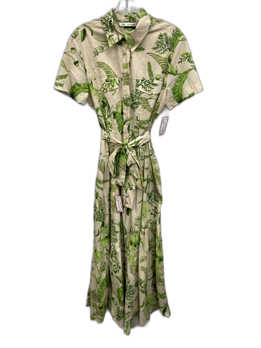 Zara Size M Cream & Green Cotton Botanical Short Sleeve Button Front Dress Cream & Green / M