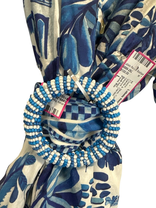 Farm Rio Size L White & Blue Cotton Blend 1/2 Puff Sleeve Garden Print Dress White & Blue / L