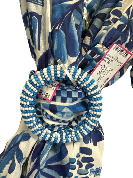 Farm Rio Size L White & Blue Cotton Blend 1/2 Puff Sleeve Garden Print Dress White & Blue / L