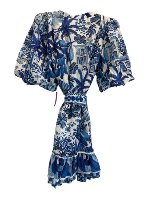 Farm Rio Size L White & Blue Cotton Blend 1/2 Puff Sleeve Garden Print Dress White & Blue / L