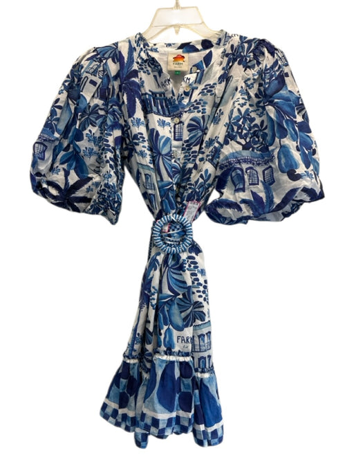 Farm Rio Size L White & Blue Cotton Blend 1/2 Puff Sleeve Garden Print Dress White & Blue / L