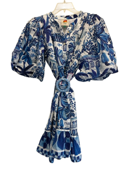 Farm Rio Size L White & Blue Cotton Blend 1/2 Puff Sleeve Garden Print Dress White & Blue / L