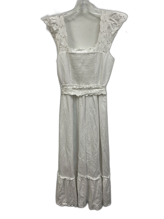 La Vie Size M White Linen & Cotton Floral Eyelet Sleeveless Shirred Back Dress White / M