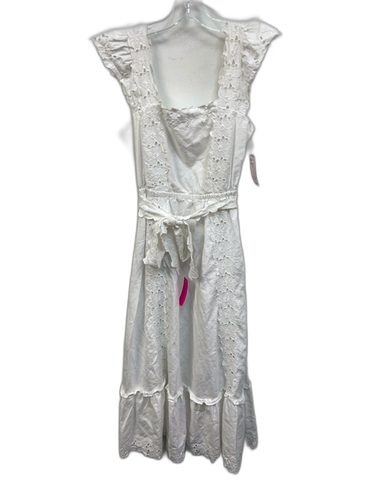 La Vie Size M White Linen & Cotton Floral Eyelet Sleeveless Shirred Back Dress White / M