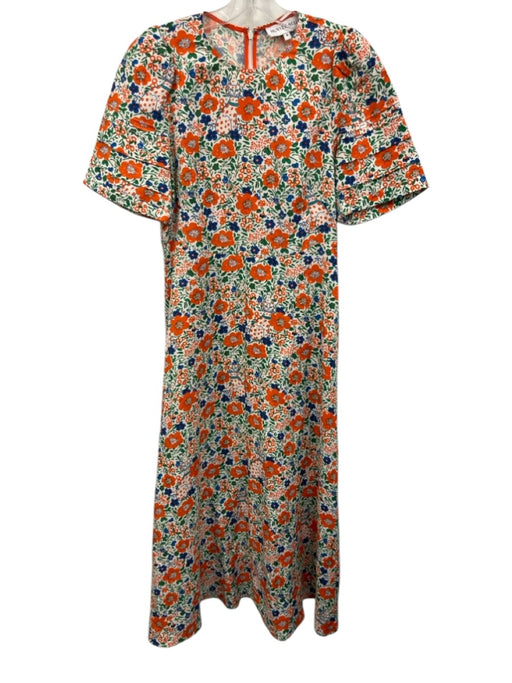 Hunter Bell Size 8 White, Blue & Orange Linen Blend Floral Short Sleeve Dress White, Blue & Orange / 8