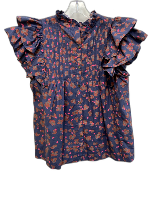 Oliphant Size L Navy Blue, Pink & Brown Cotton Abstract Floral Keyhole Back Top Navy Blue, Pink & Brown / L
