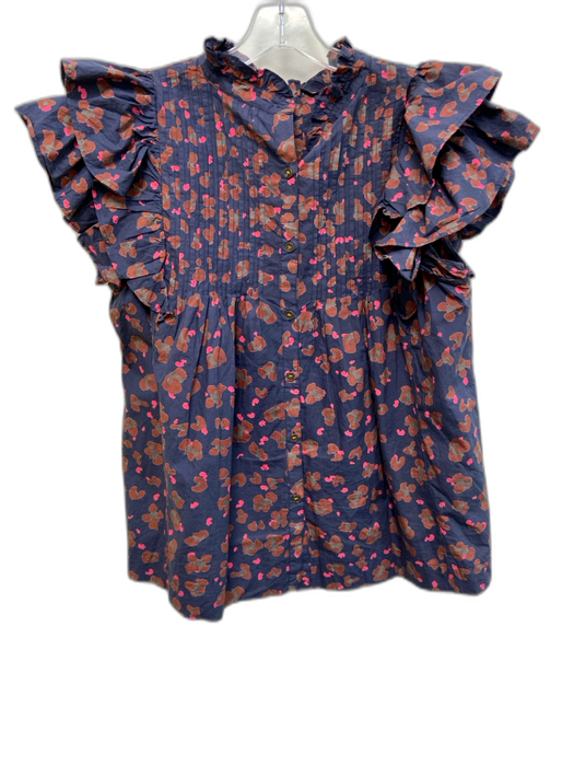 Oliphant Size L Navy Blue, Pink & Brown Cotton Abstract Floral Keyhole Back Top Navy Blue, Pink & Brown / L