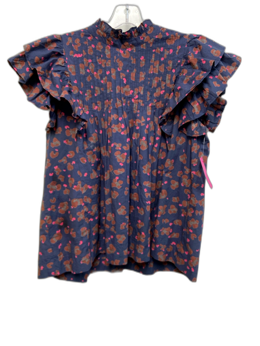 Oliphant Size L Navy Blue, Pink & Brown Cotton Abstract Floral Keyhole Back Top Navy Blue, Pink & Brown / L