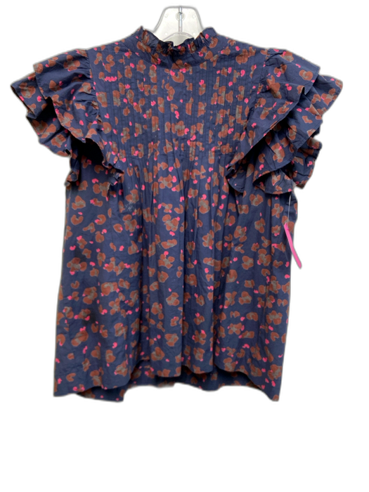 Oliphant Size L Navy Blue, Pink & Brown Cotton Abstract Floral Keyhole Back Top Navy Blue, Pink & Brown / L