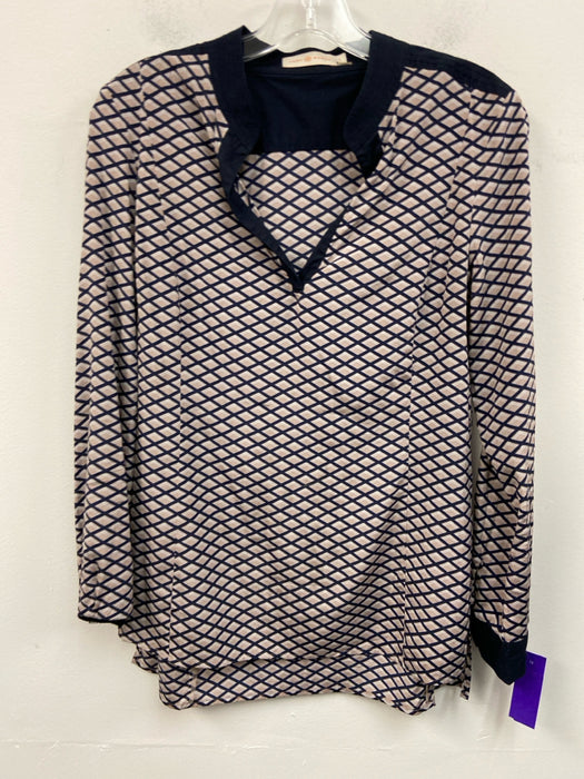 Tory Burch Size 4 Blue & Tan Silk Blend Geo Print V Neck Long Sleeve Top