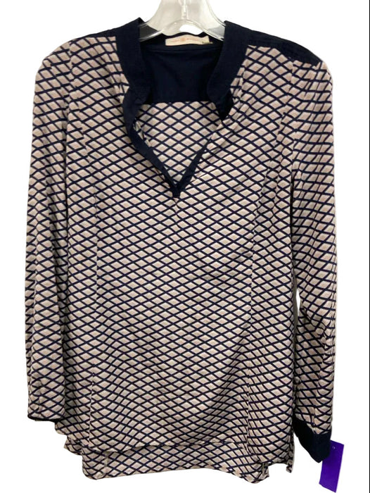 Tory Burch Size 4 Blue & Tan Silk Blend Geo Print V Neck Long Sleeve Top