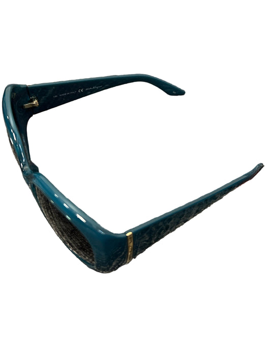 Salvatore Ferragamo Teal Round Lens Logo Gold Detail Wide arm Sunglasses