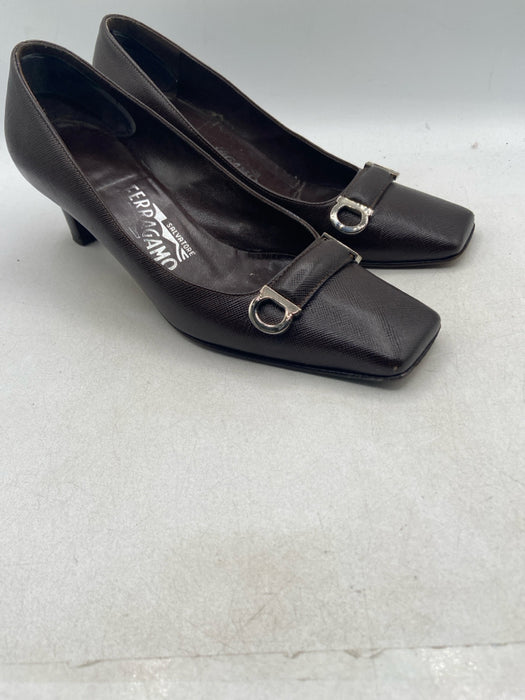 Salvatore Ferragamo Shoe Size 6 Brown Saffiano Leather Square Toe Buckle Pumps