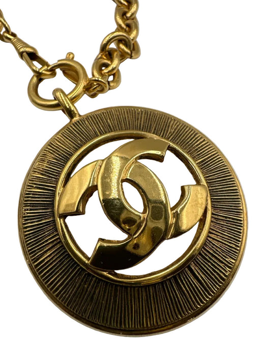 Chanel Gold Metal Chain Logo Pendant Long Chain Necklace