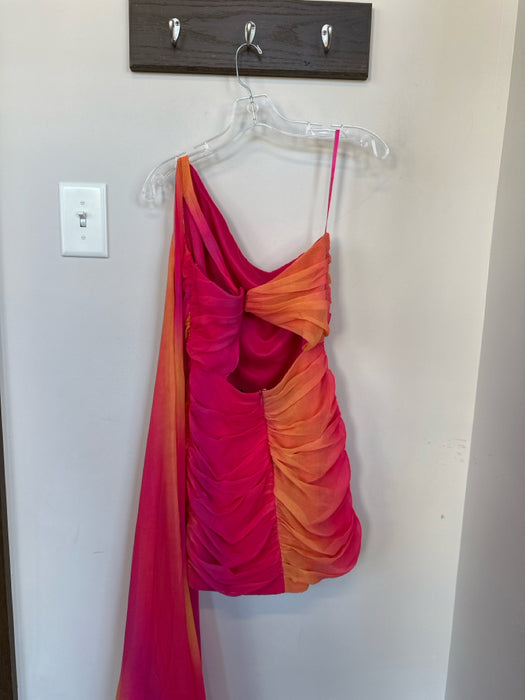 Yaura Size Est S Orange & Pink Polyester One Shoulder Ombre Gathered Sides Dress