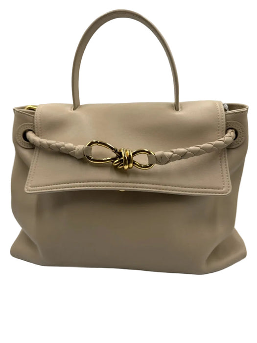 Bottega Veneta Beige Leather Gold Tone Hardware Flap Braided Detail Shoulder Bag