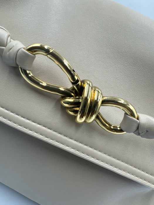 Bottega Veneta Beige Leather Gold Tone Hardware Flap Braided Detail Shoulder Bag